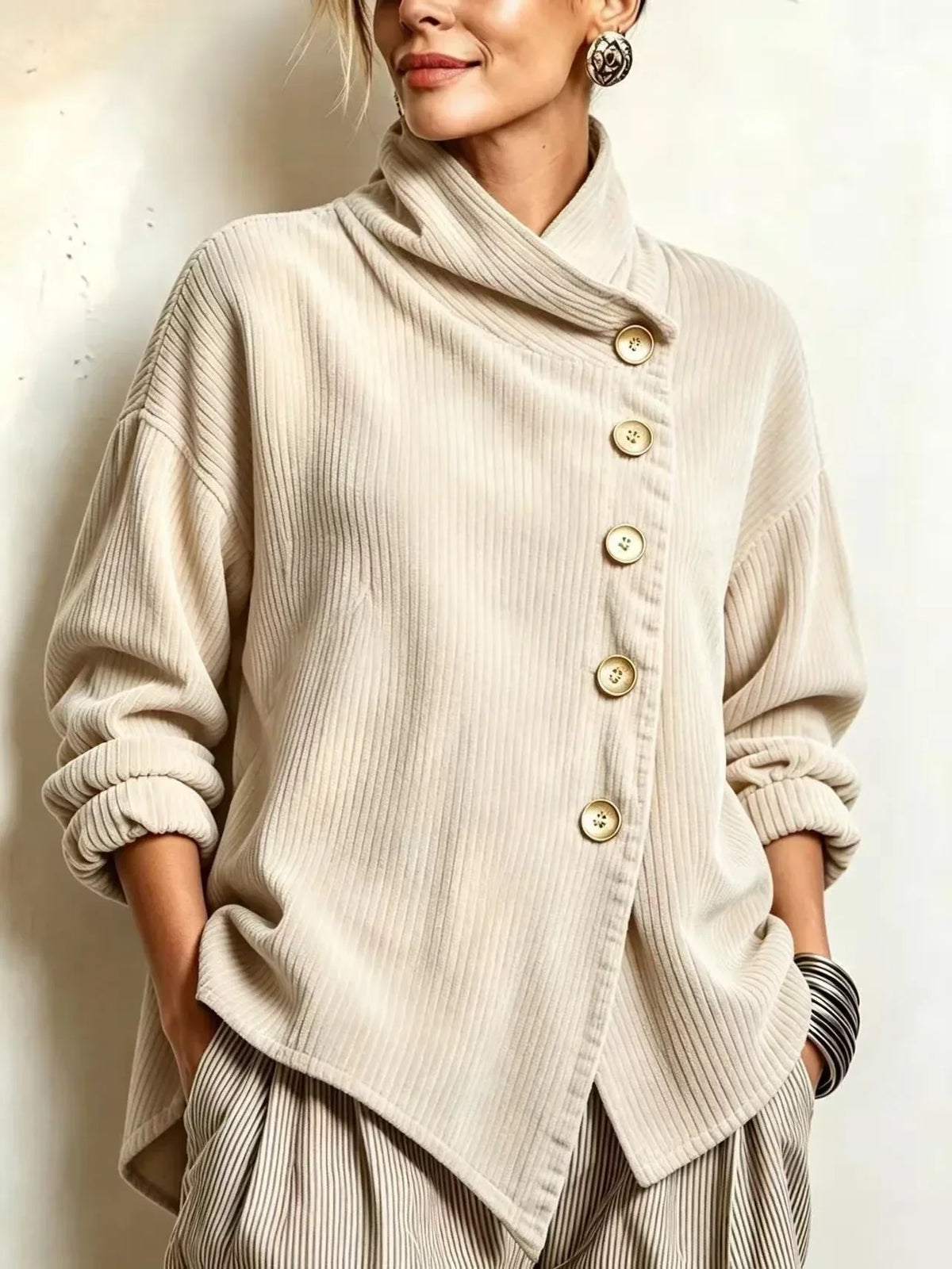 Chic High Funnel-Neck Asymmetrical Top in Cream