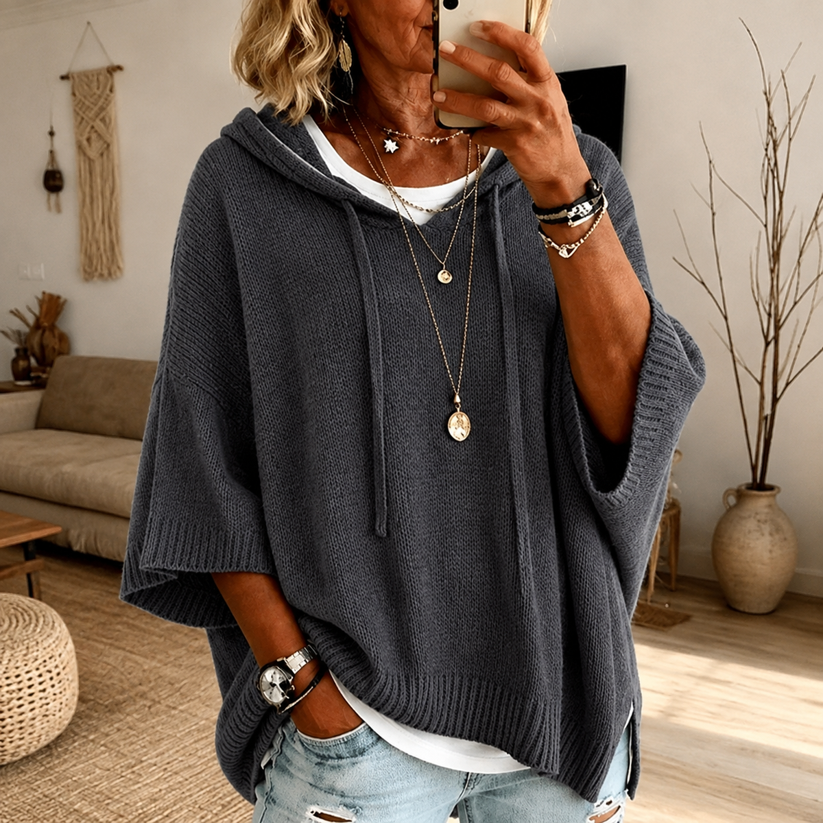 Jeanne - Charcoal Poncho Sweater