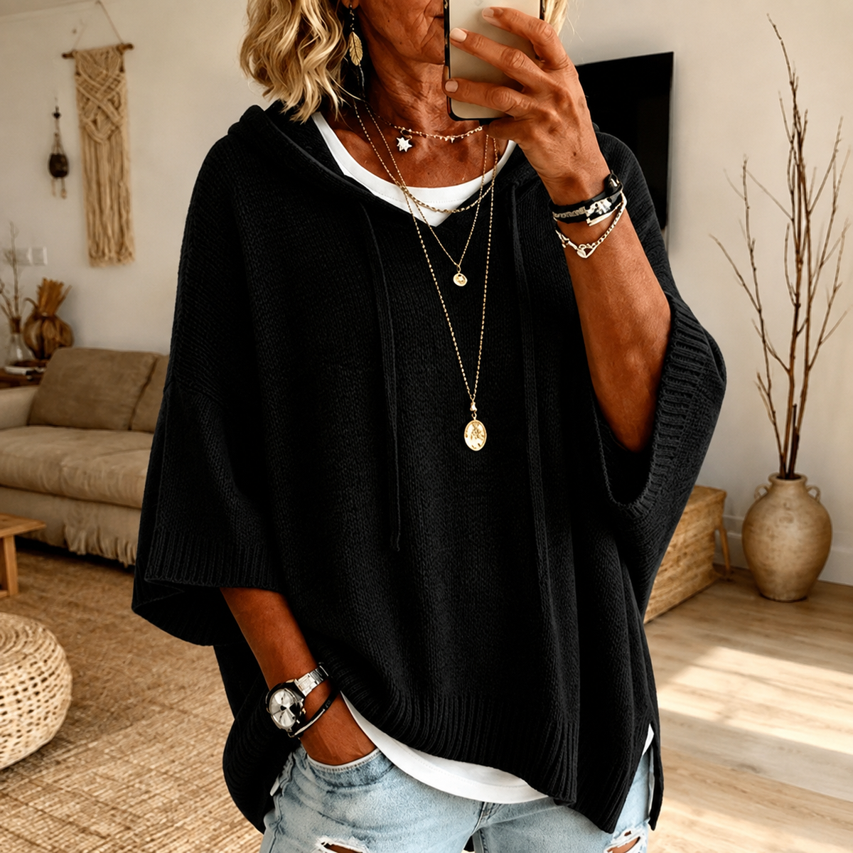 Kim - Black Poncho Sweater