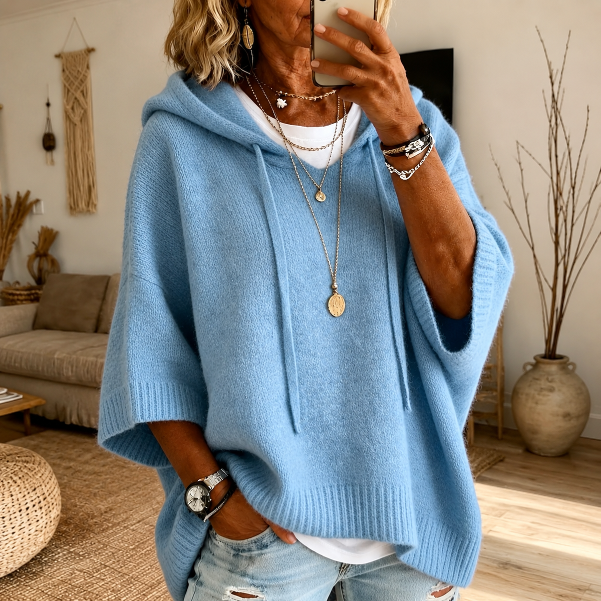 Lea - Sky Blue Poncho Sweater