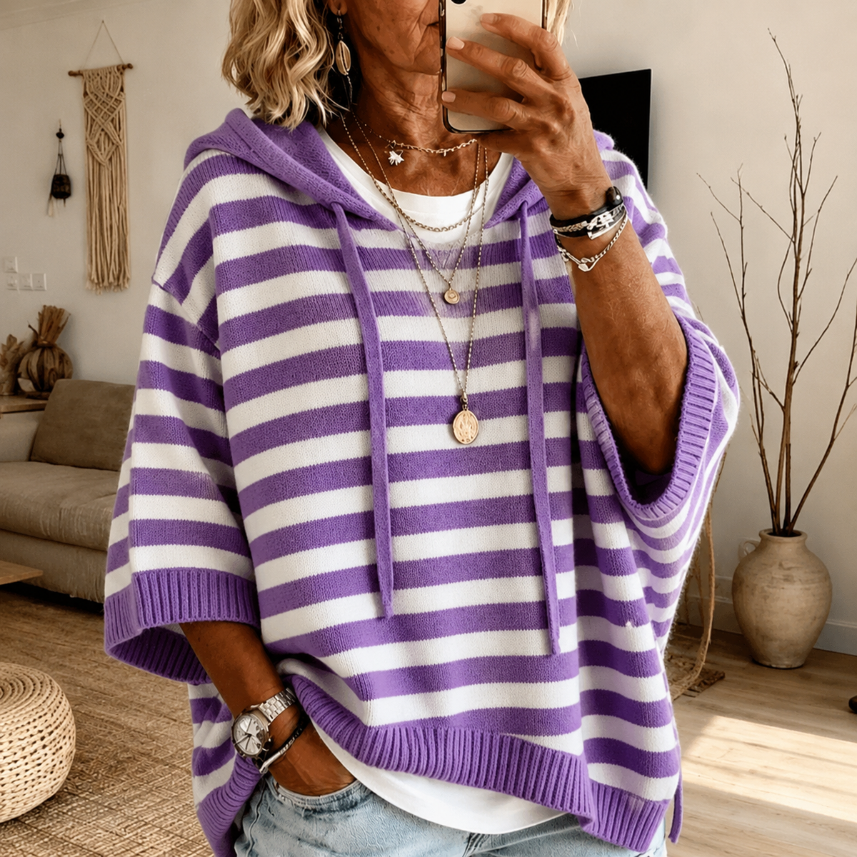 Anais - Purple Striped Poncho Sweater