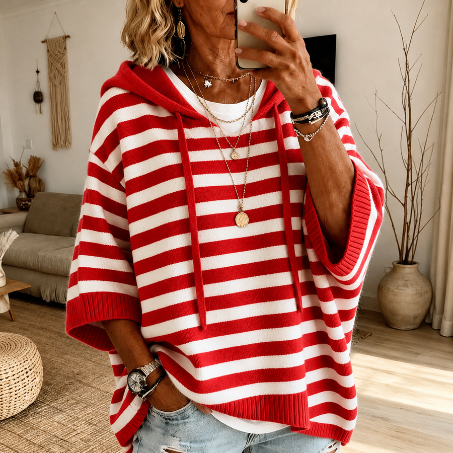 Charlotte - Red Striped Poncho Sweater