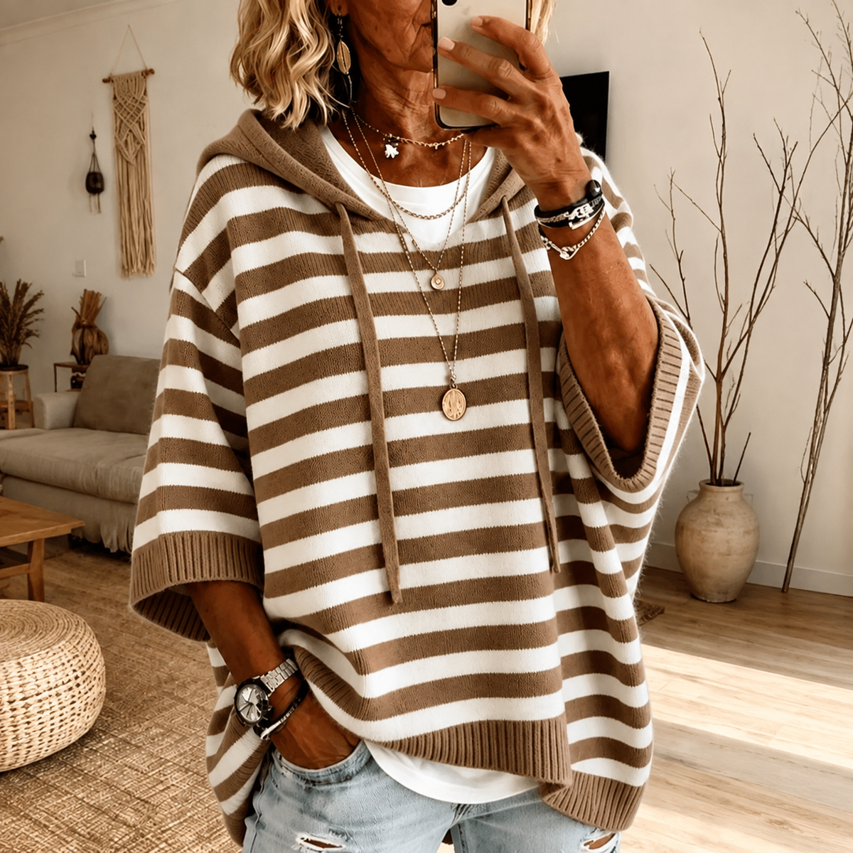 Mathilde - Taupe Striped Poncho Sweater