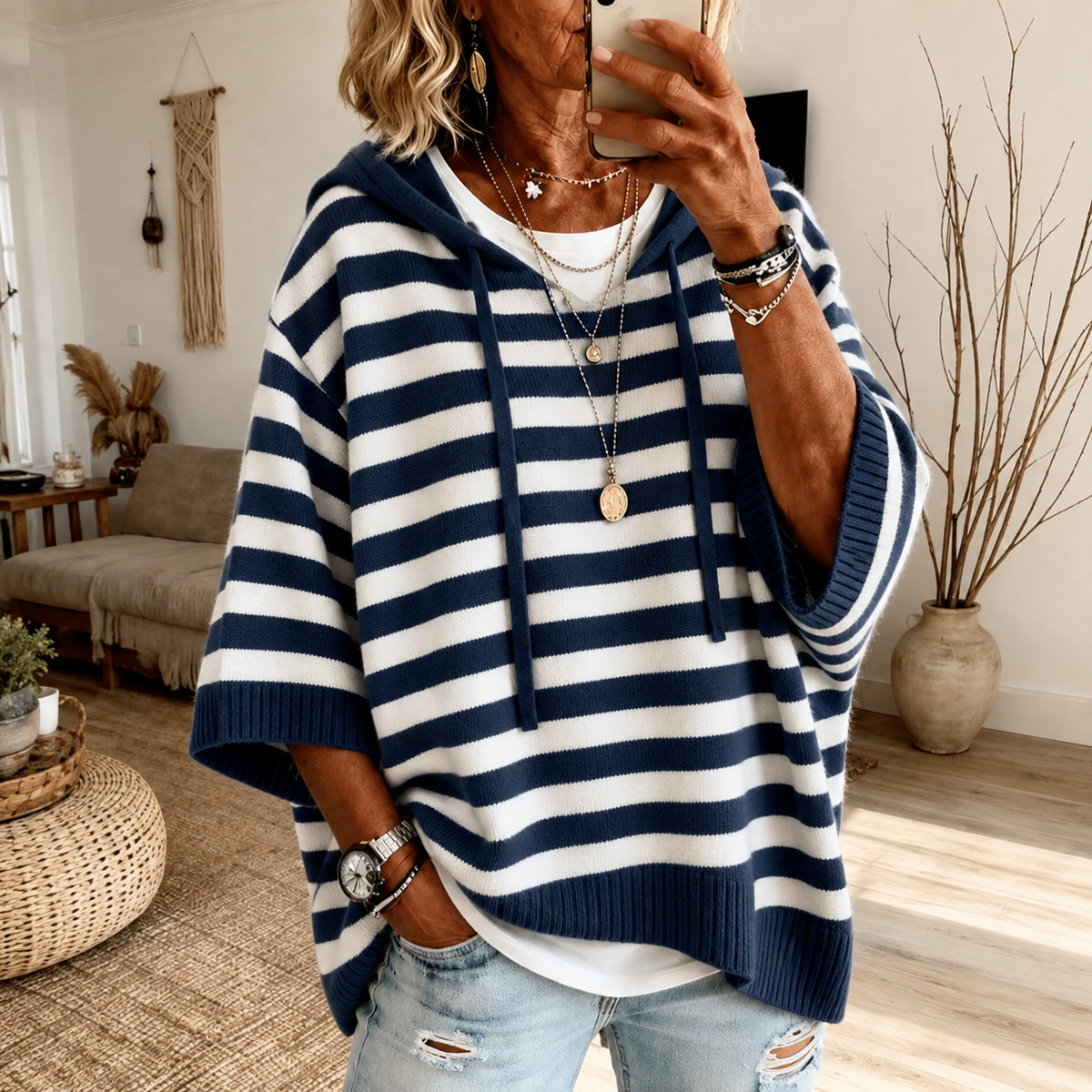 Marine - Navy Blue Striped Poncho Sweater