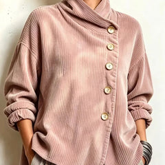 Chic High Funnel-Neck Asymmetrical Top in Dusty Rose