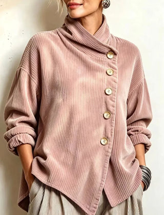 Chic High Funnel-Neck Asymmetrical Top in Dusty Rose