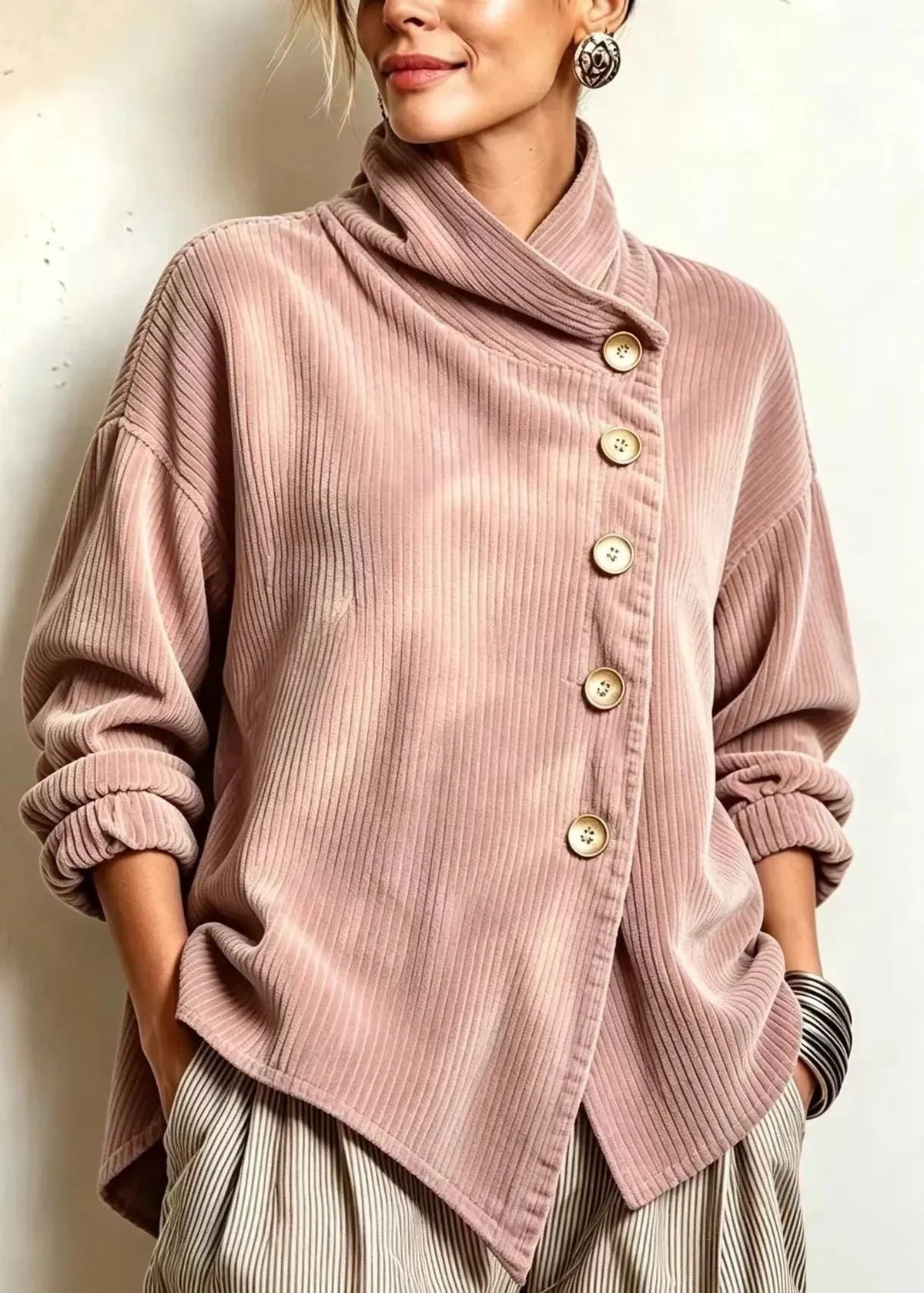 Chic High Funnel-Neck Asymmetrical Top in Dusty Rose