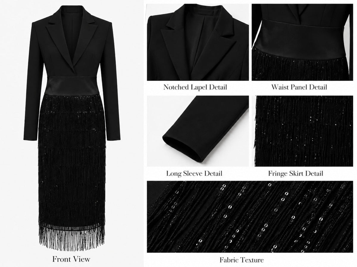 Edna - Black Blazer-Style Midi Dress with Sequin Fringe
