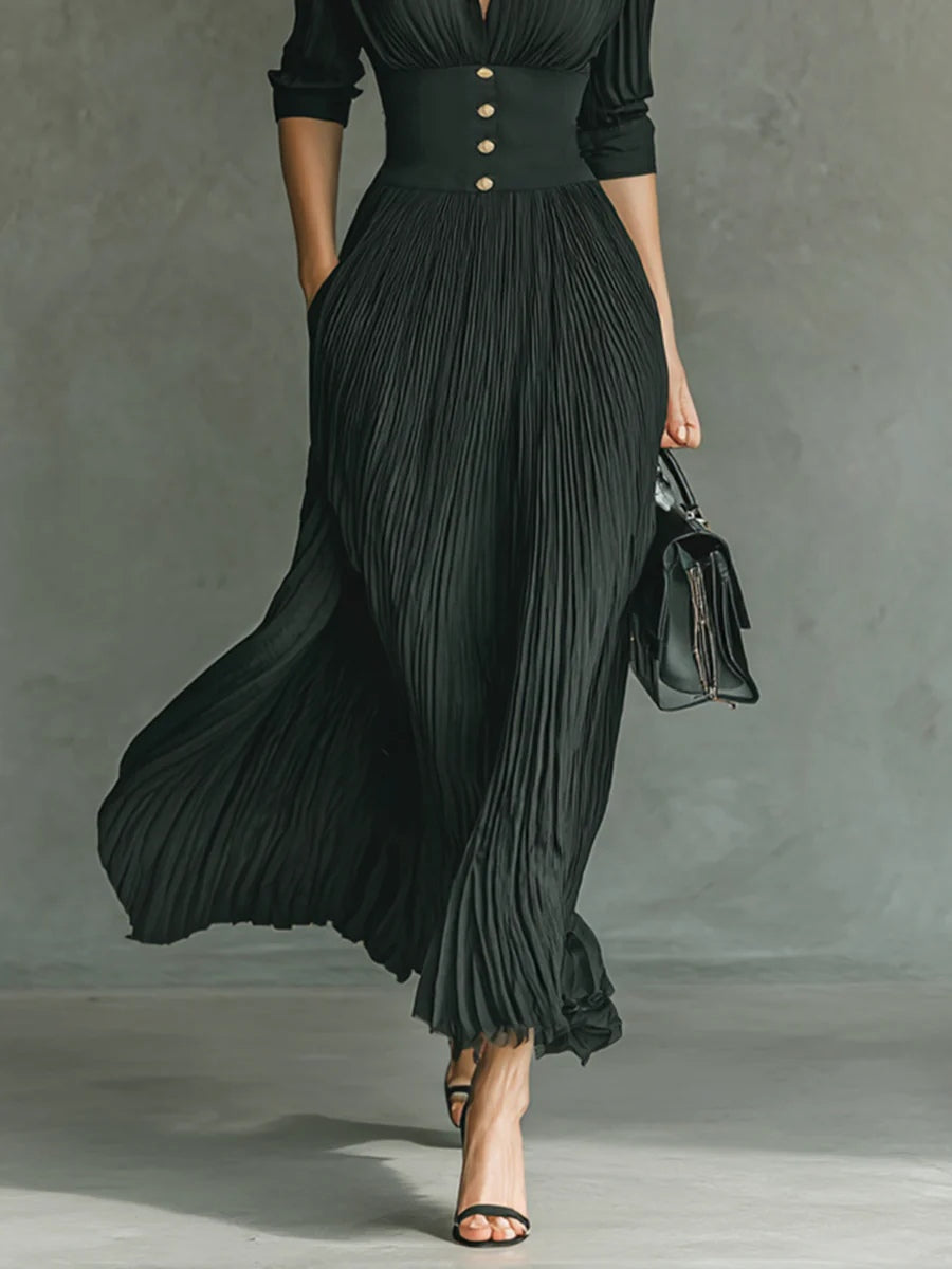 Elvira - Long Pleated Dress with Lapel and High Waist