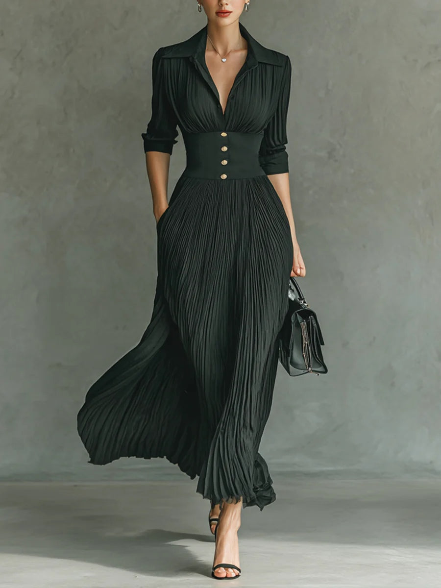 Elvira - Long Pleated Dress with Lapel and High Waist