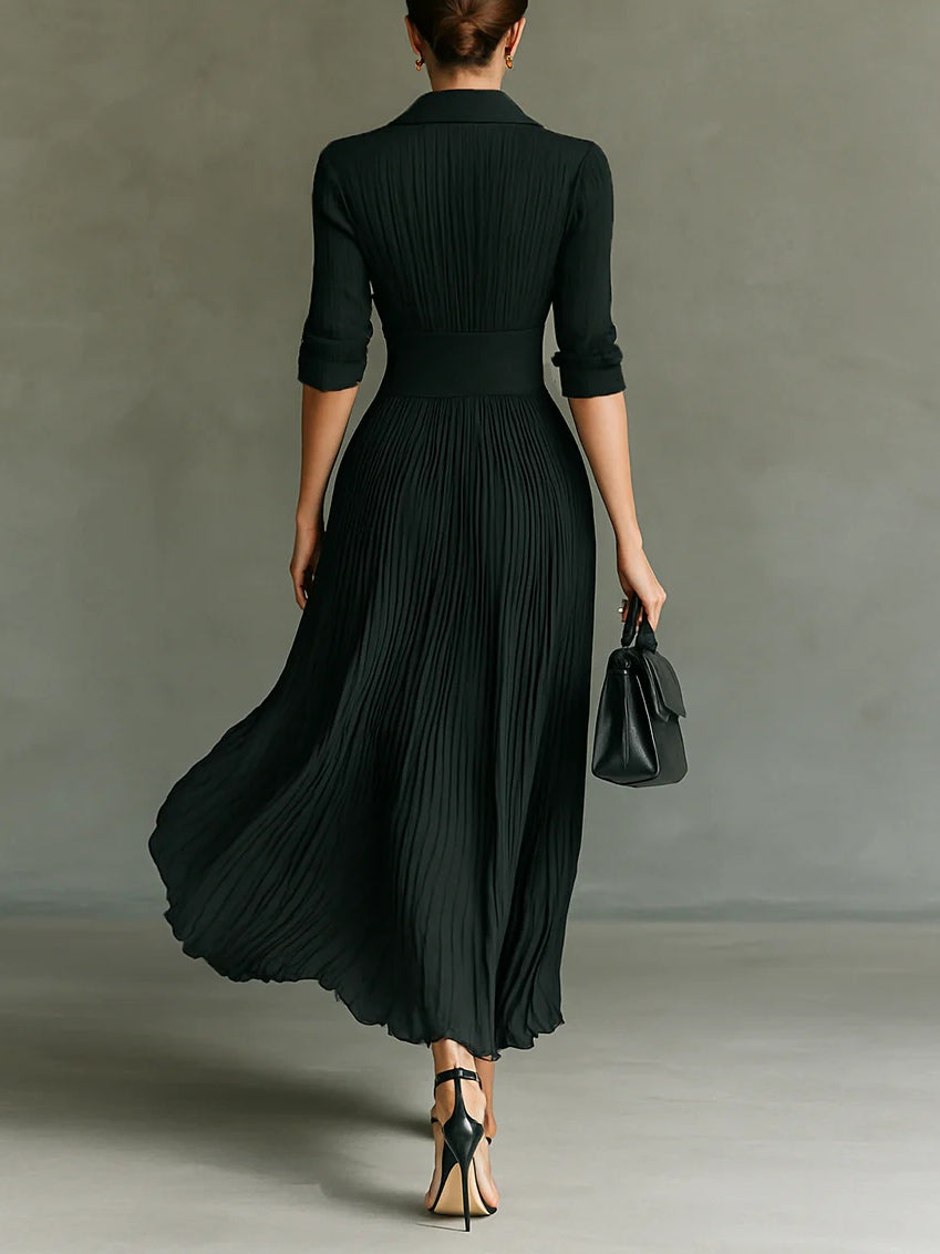 Elvira - Long Pleated Dress with Lapel and High Waist