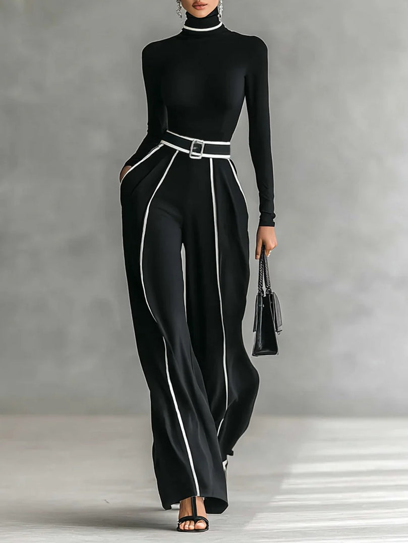 Emma - Elegant Two-Piece Set with High Collar and Wide-Leg Pants