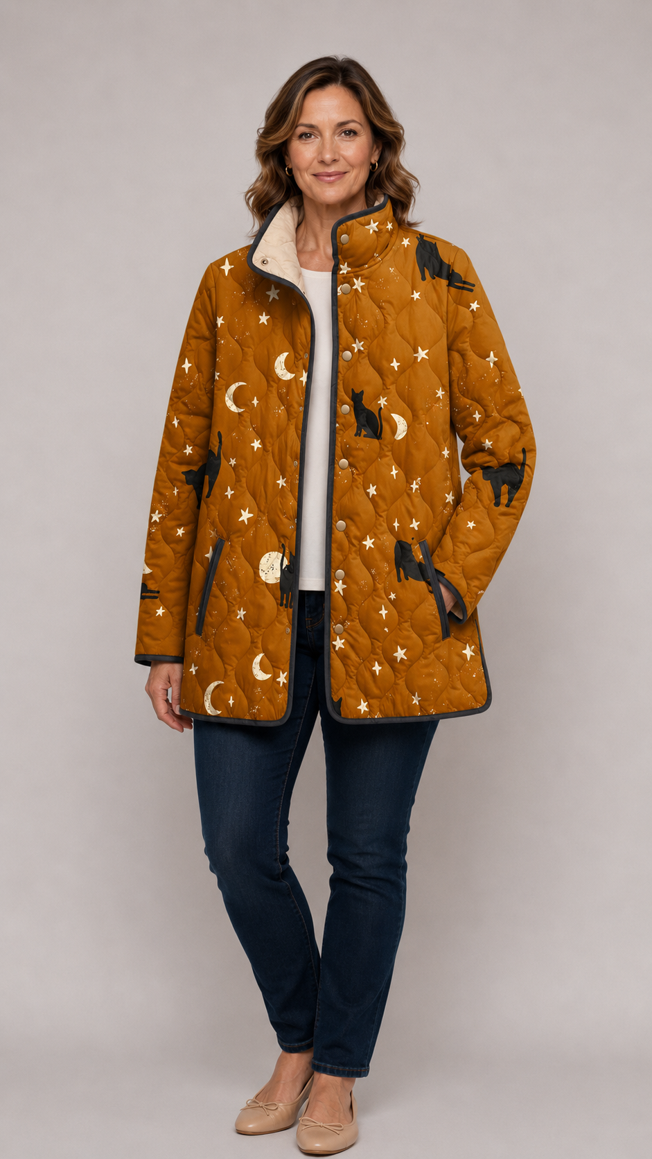 Maya - Black Quilted Jacket with Cat Pattern