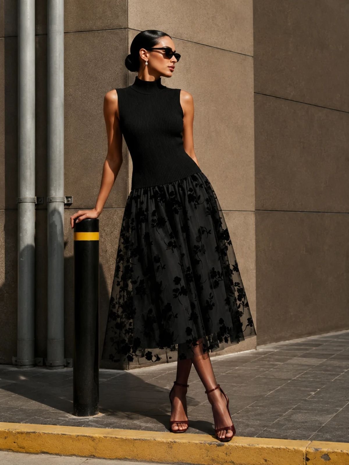 Addie - Flocked Knit A-Line Maxi Dress