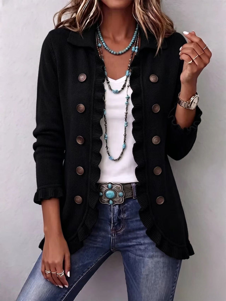 Lori - Jet Black Ribbed Knit Ruffle Jacket