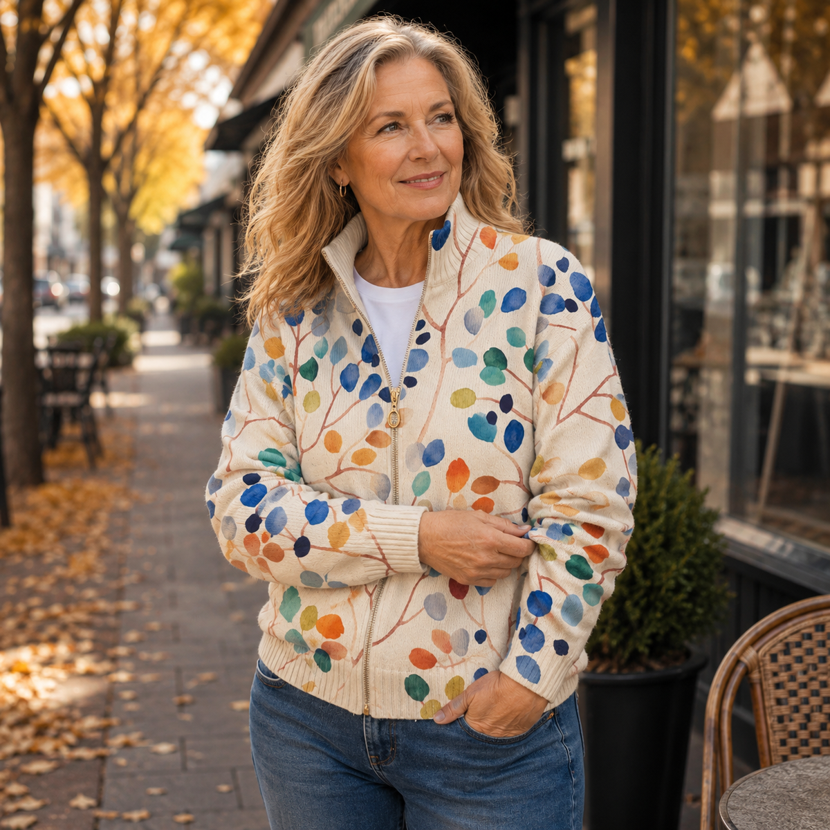 Imogene - Botanical Leaf Print Zip Cardigan