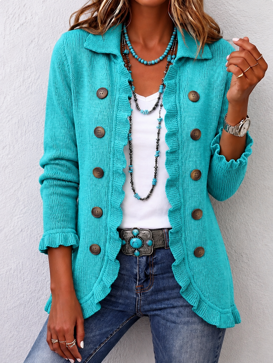Maribel - Turquoise Ribbed Knit Ruffle Jacket