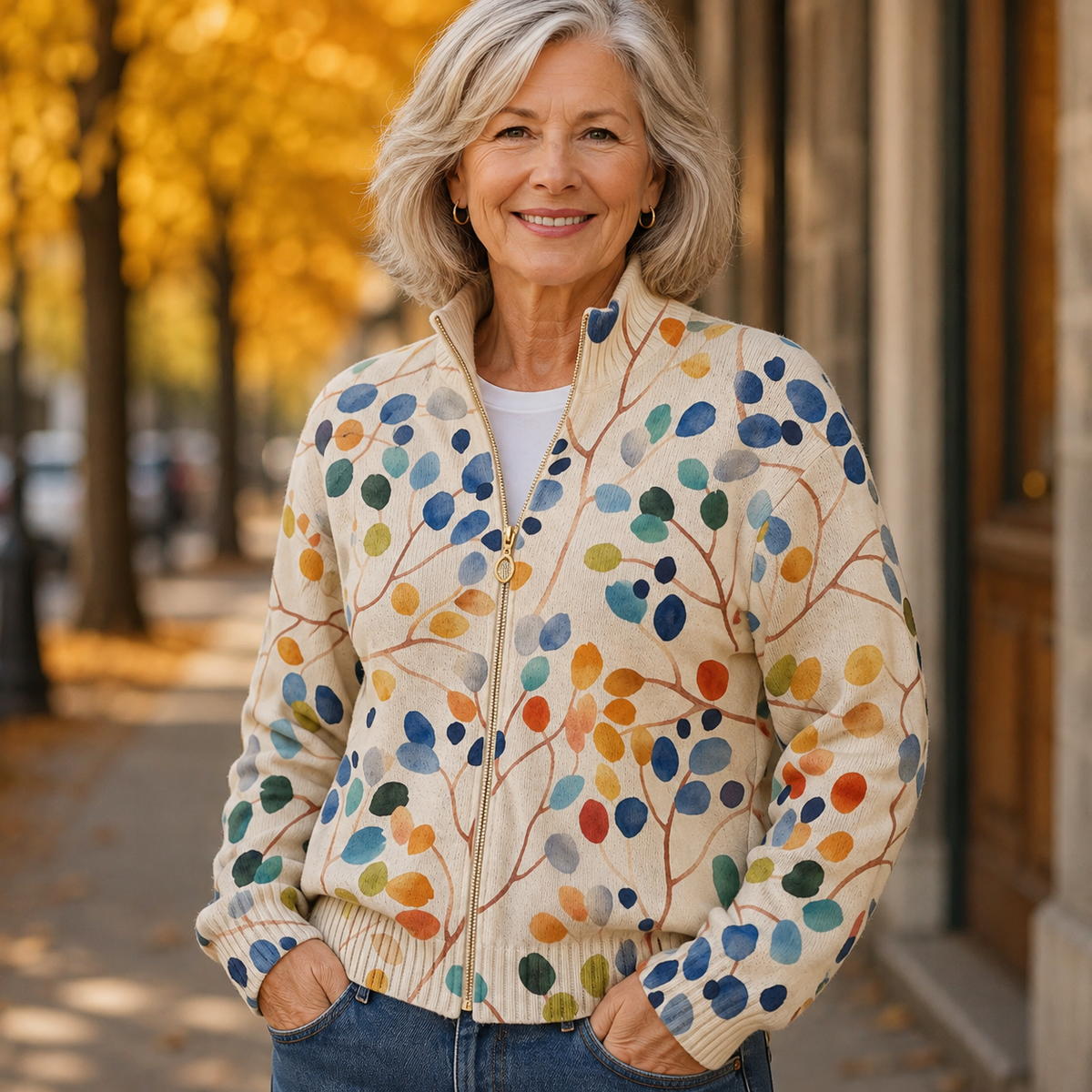 Imogene - Botanical Leaf Print Zip Cardigan