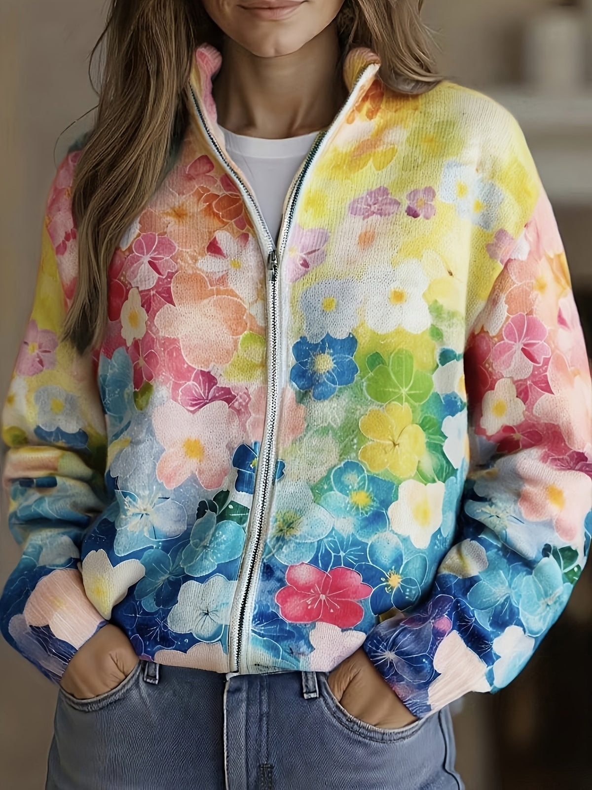 Augusta - Watercolor Floral Ombre Zip Cardigan
