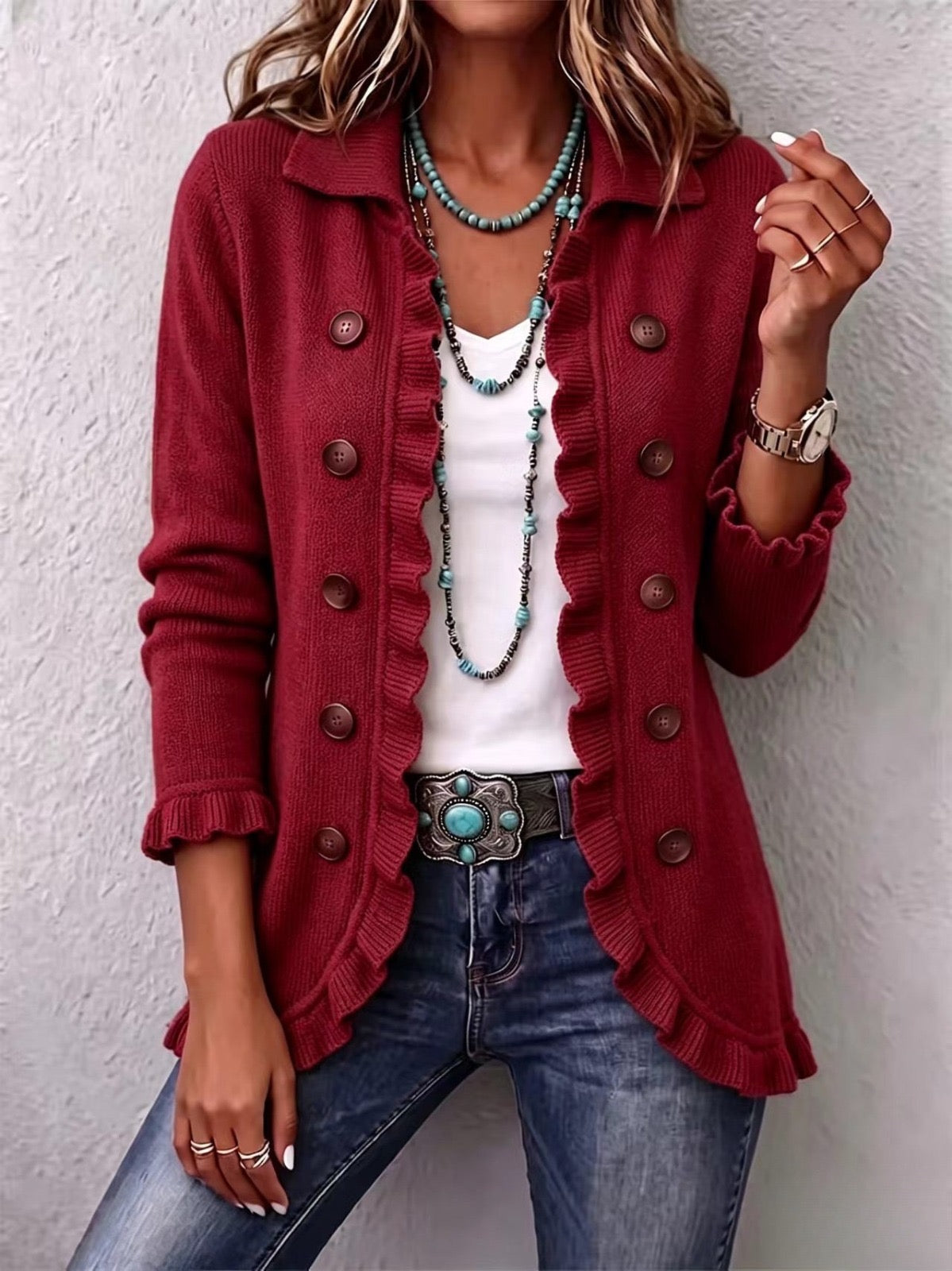 Stacy - Ruby Red Ribbed Knit Ruffle Jacket