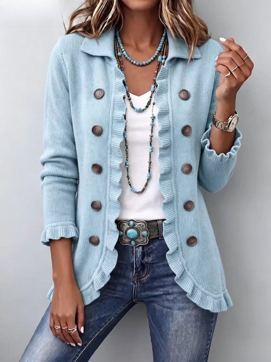 Cecilia - Powder Blue Ribbed Knit Ruffle Jacket