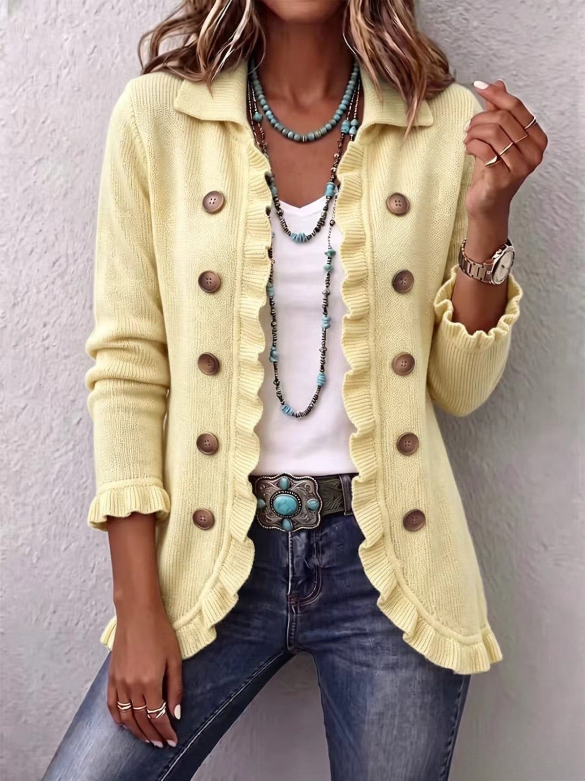 Terri - Buttercream Ribbed Knit Ruffle Jacket
