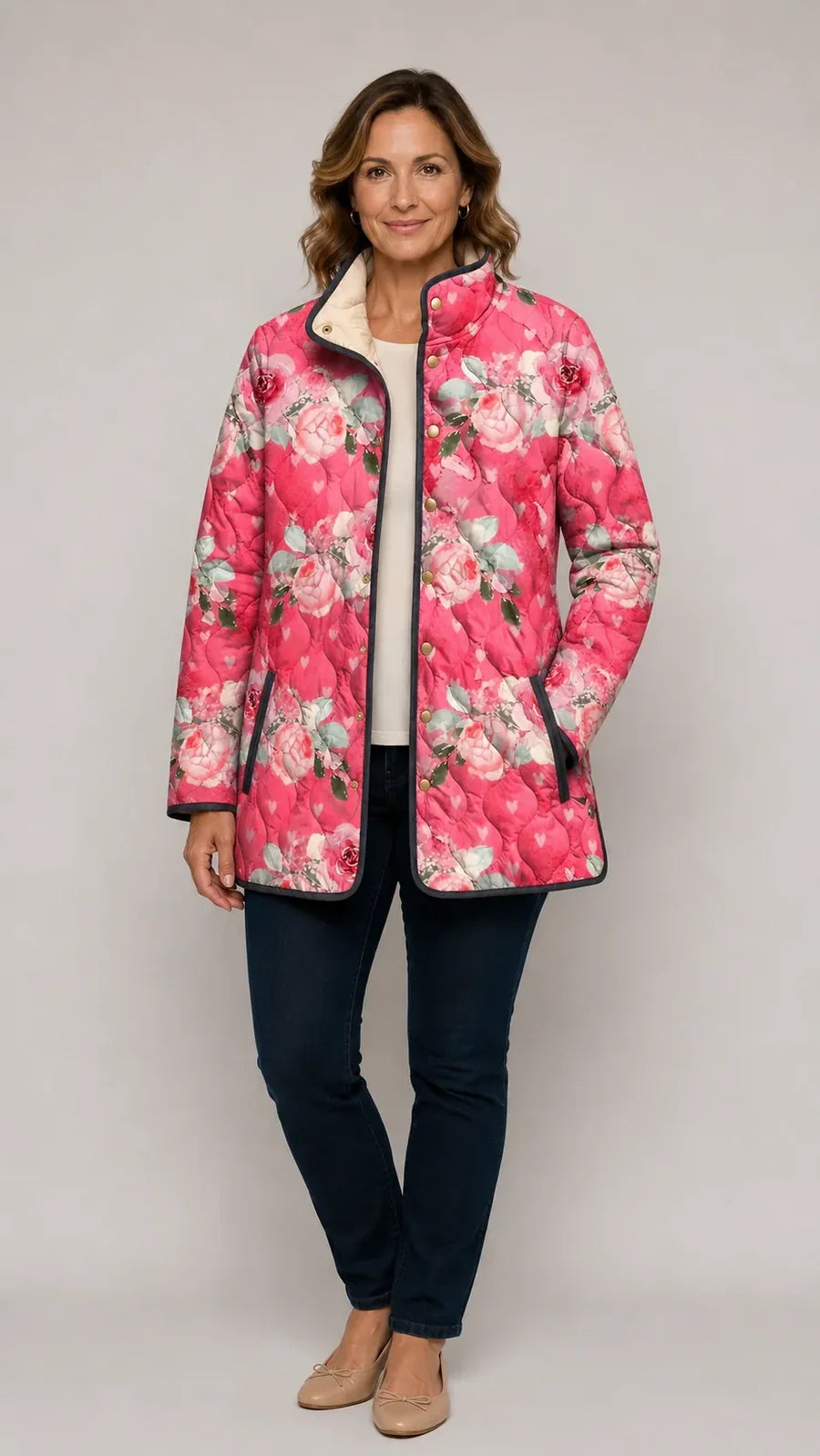 Freya - Charming Pink Floral Print Quilted Jacket