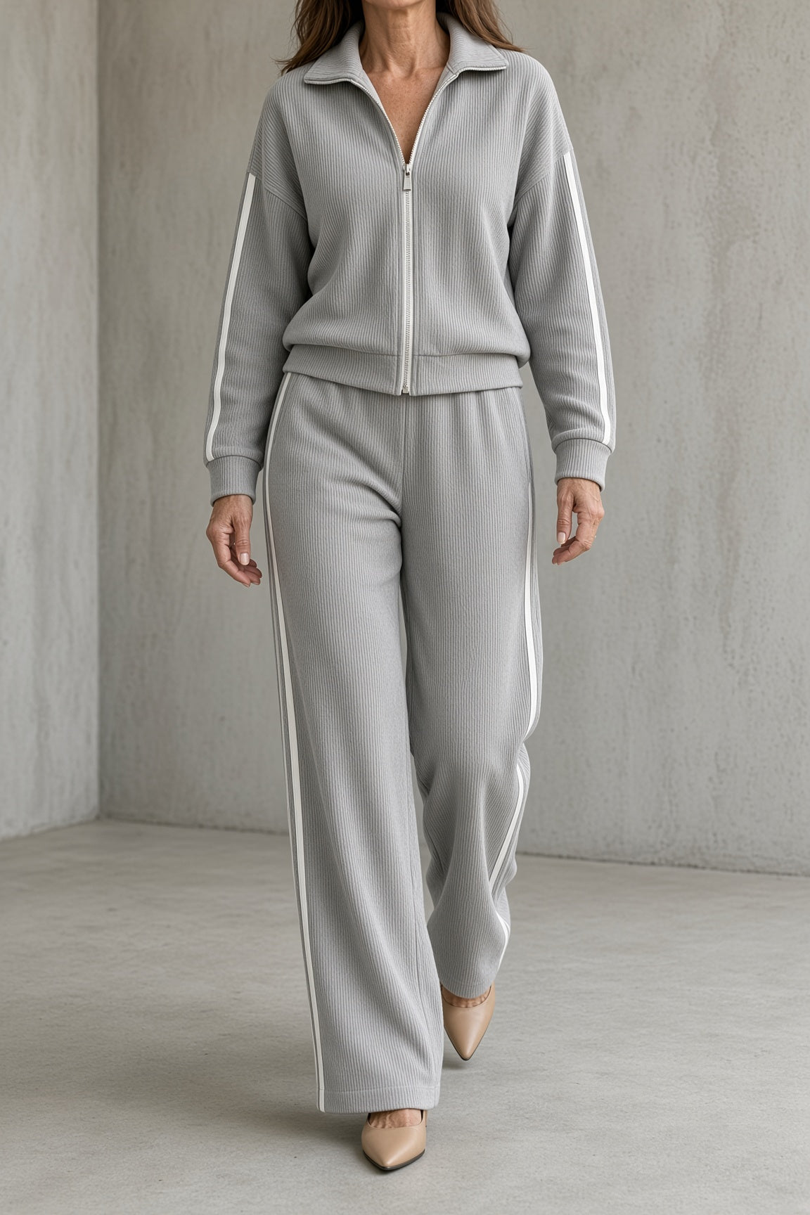 Tara - Zip-Front Striped Two-Piece Set