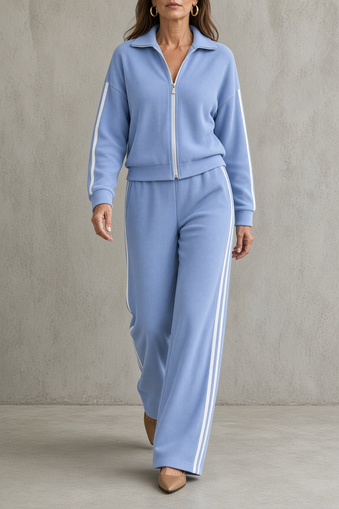 Tara - Zip-Front Striped Two-Piece Set