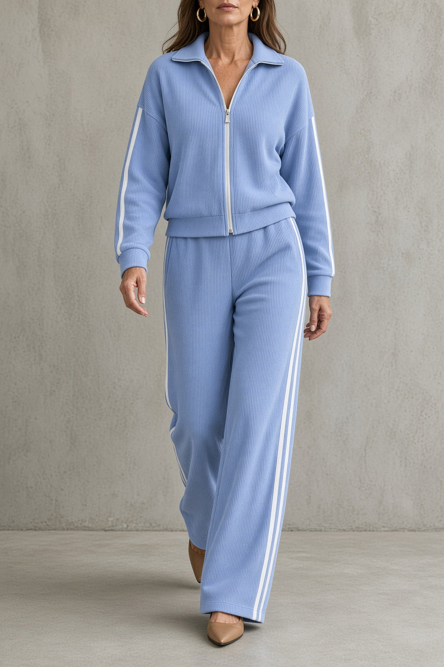Tara - Zip-Front Striped Two-Piece Set