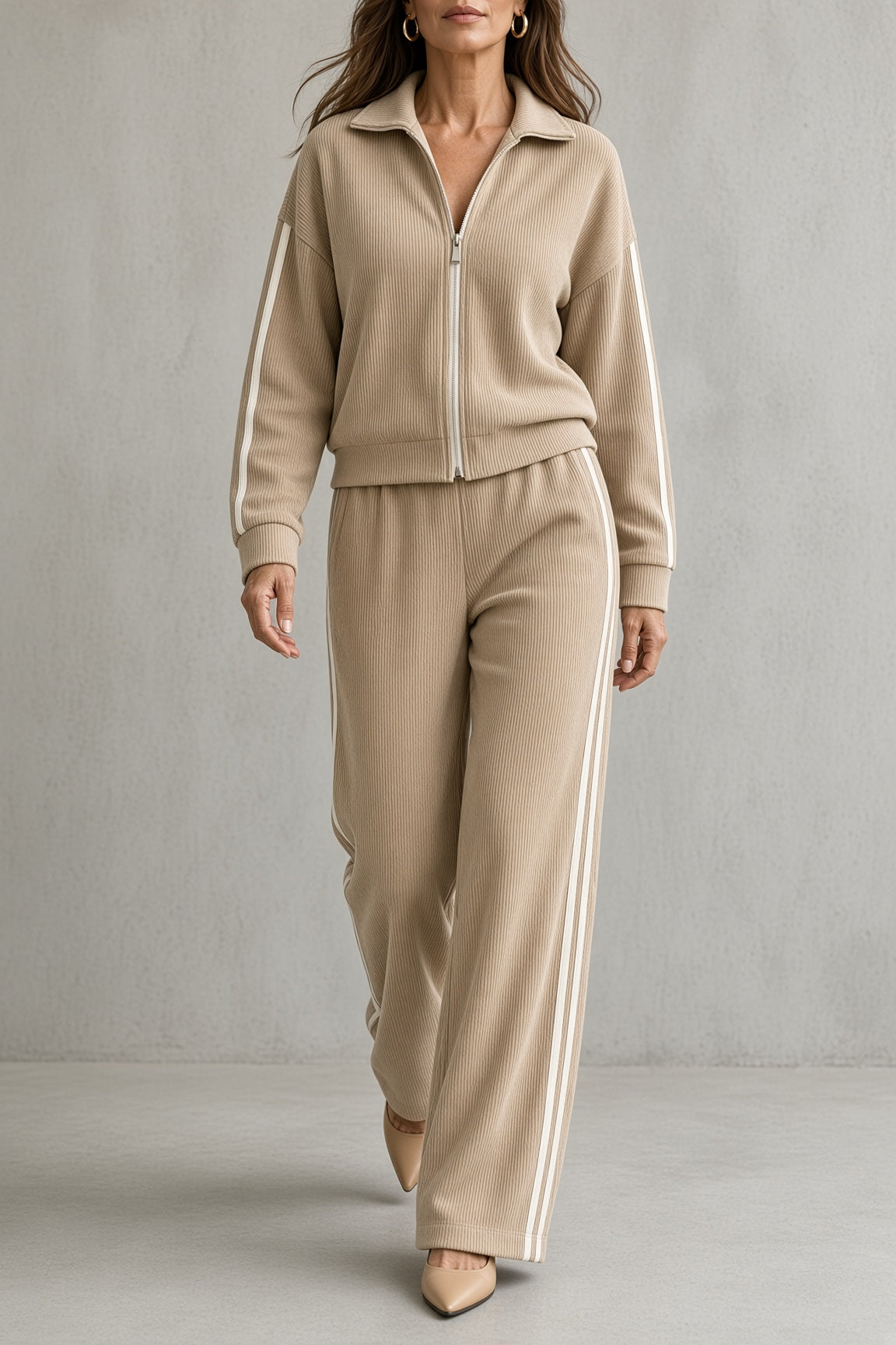 Tara - Zip-Front Striped Two-Piece Set