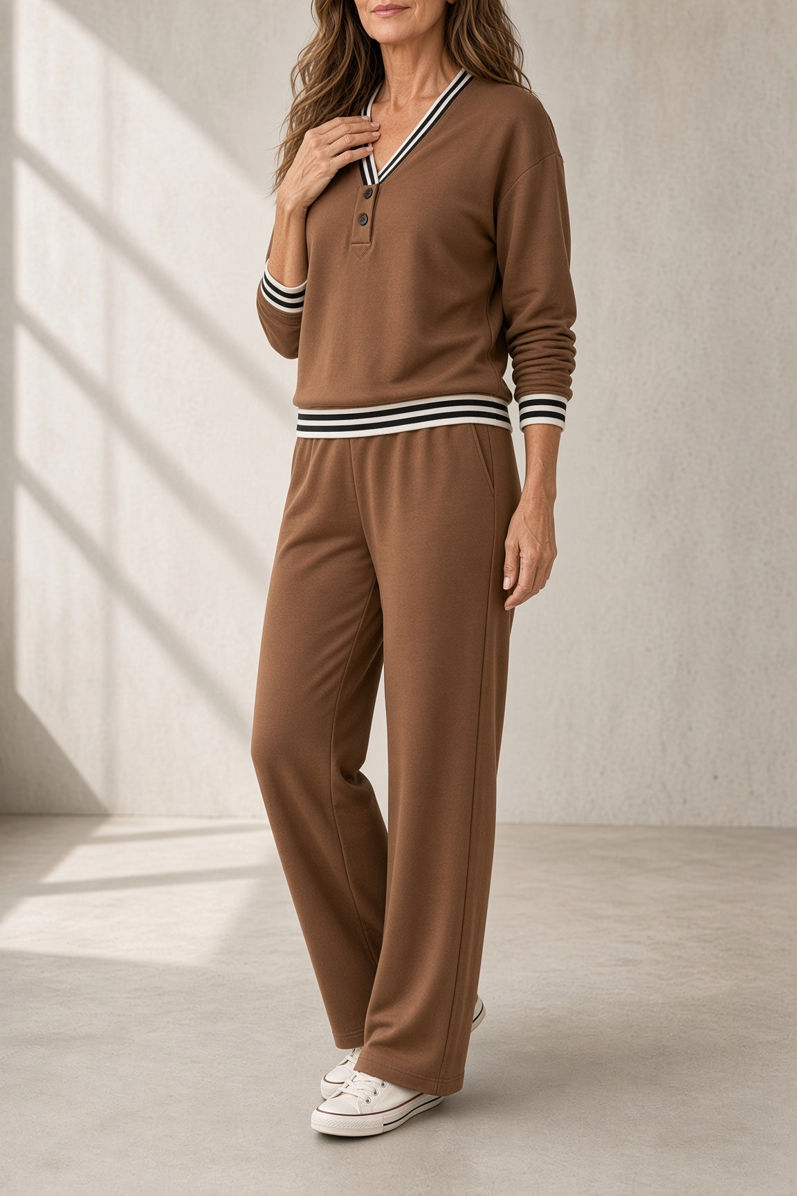 Monica - Striped Trim Two-Piece Pant Set