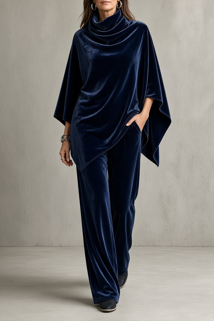 Renee - Velvet Cowl Neck Poncho Set