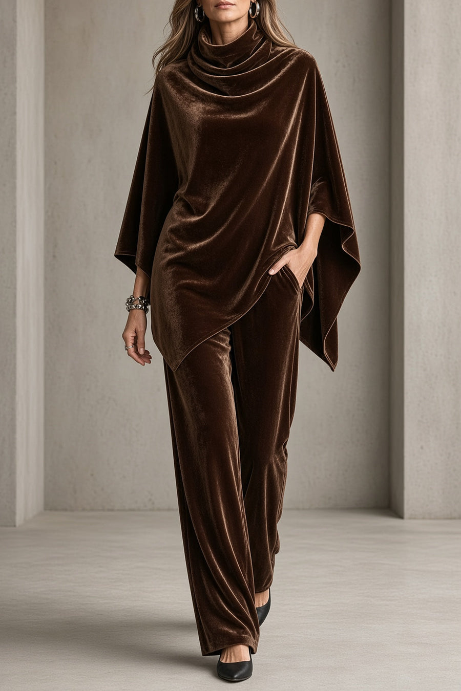 Renee - Velvet Cowl Neck Poncho Set