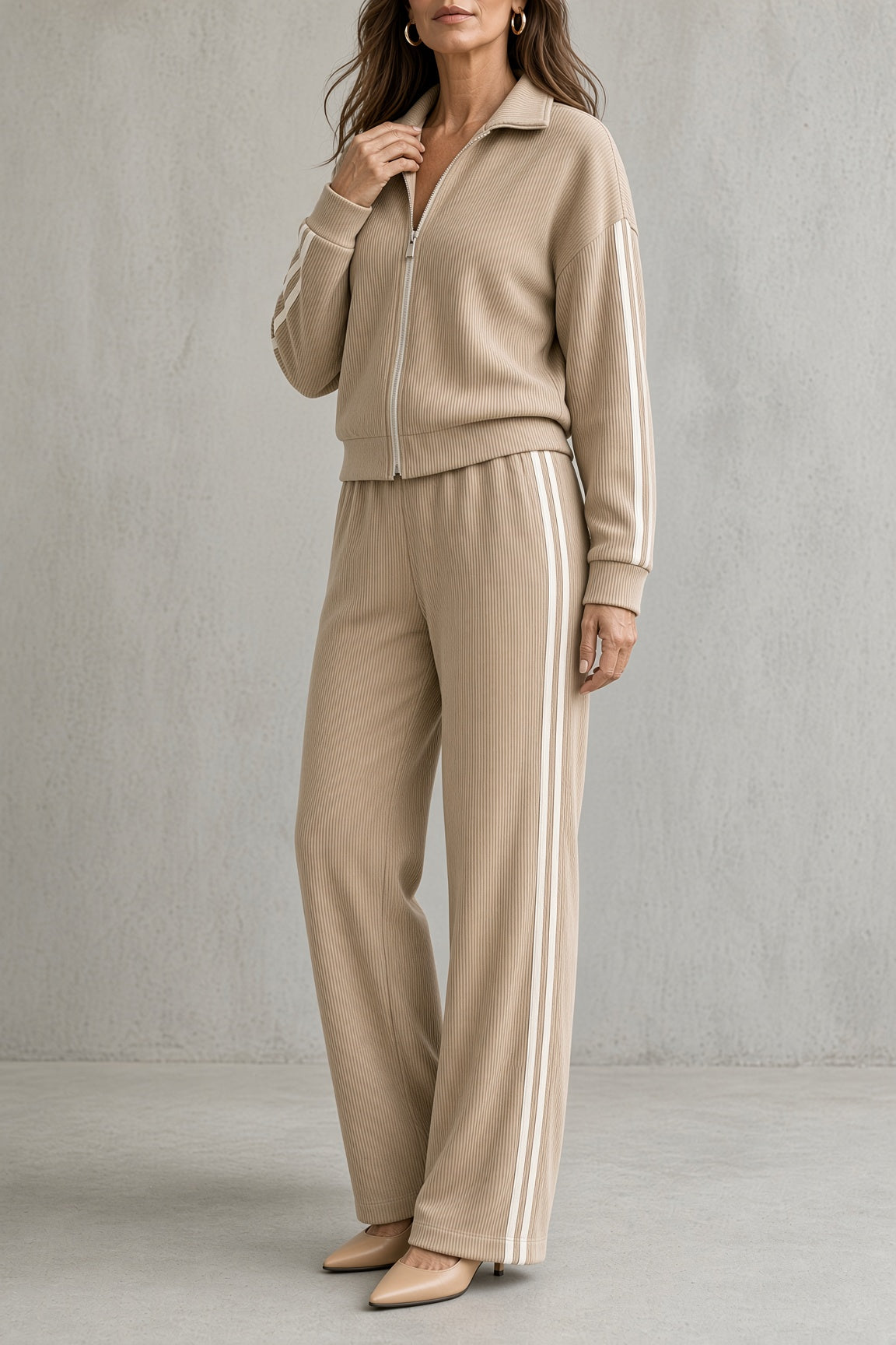 Tara - Zip-Front Striped Two-Piece Set