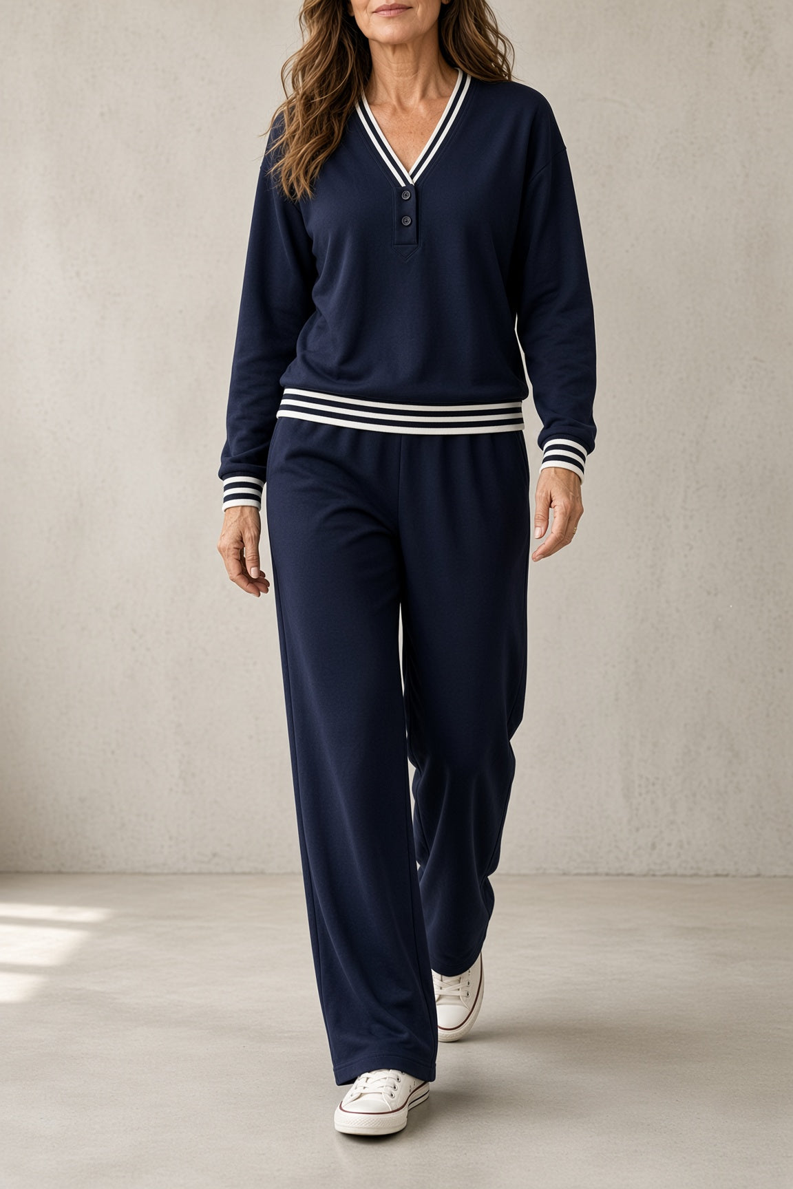 Monica - Striped Trim Two-Piece Pant Set
