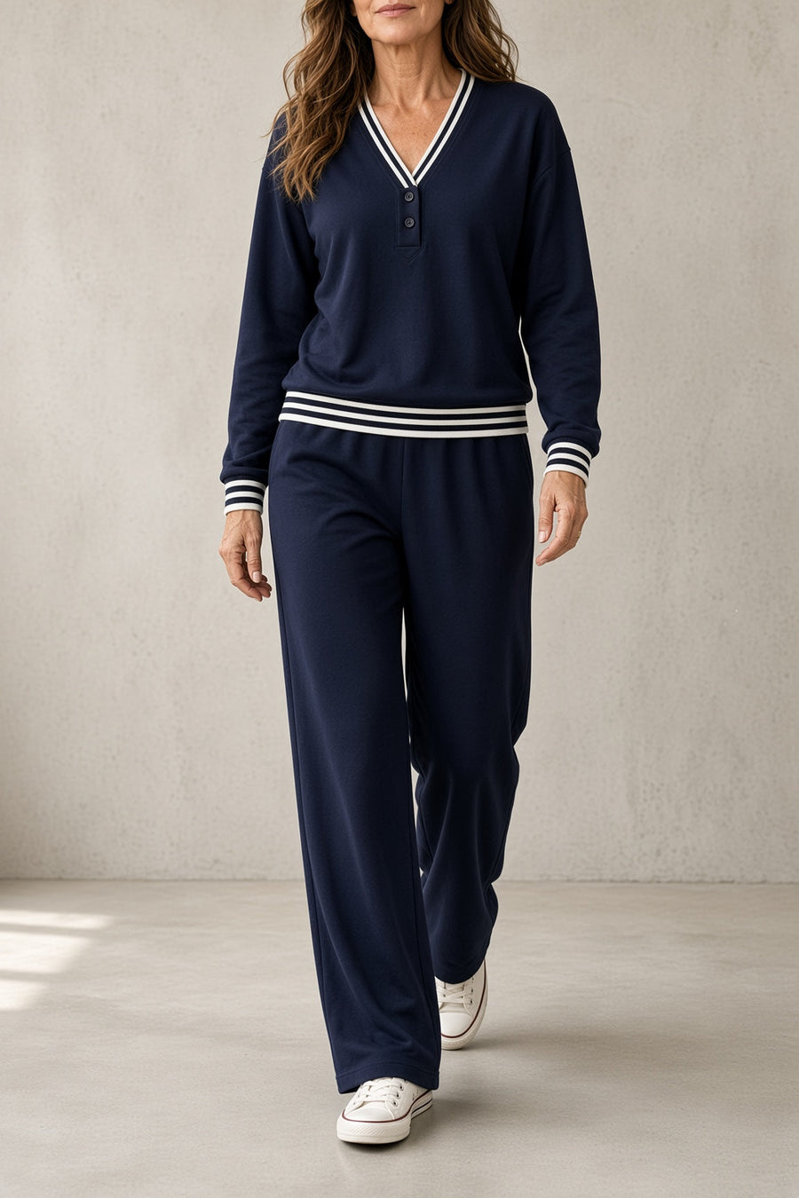 Monica - Striped Trim Two-Piece Pant Set