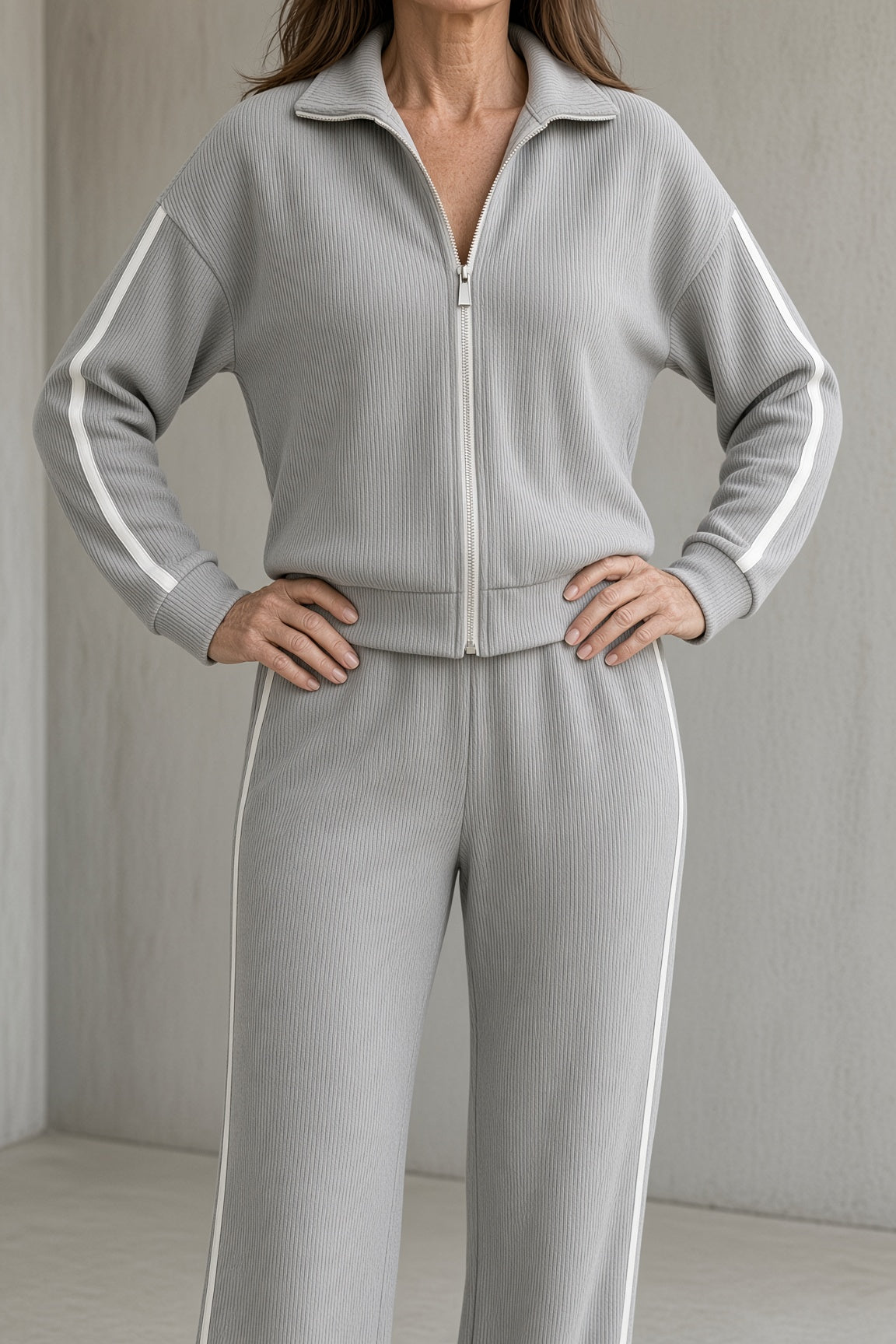 Tara - Zip-Front Striped Two-Piece Set