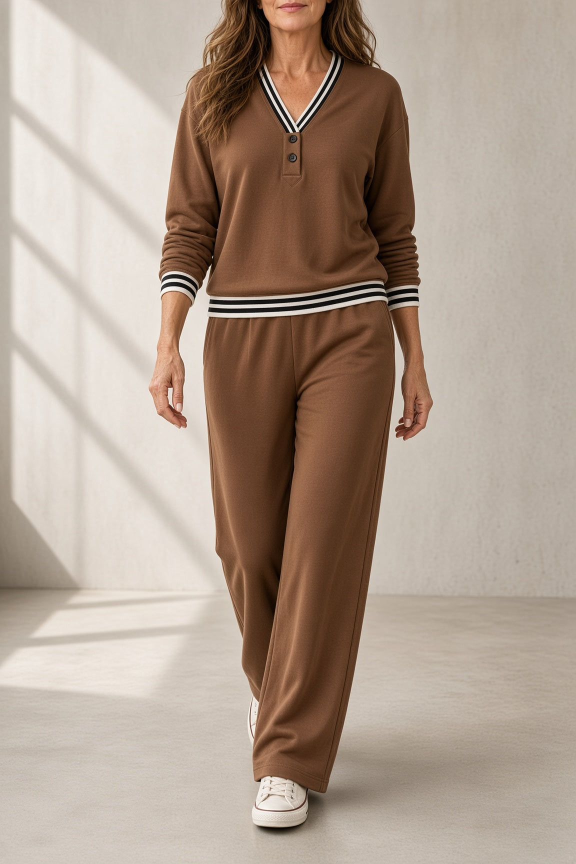 Monica - Striped Trim Two-Piece Pant Set
