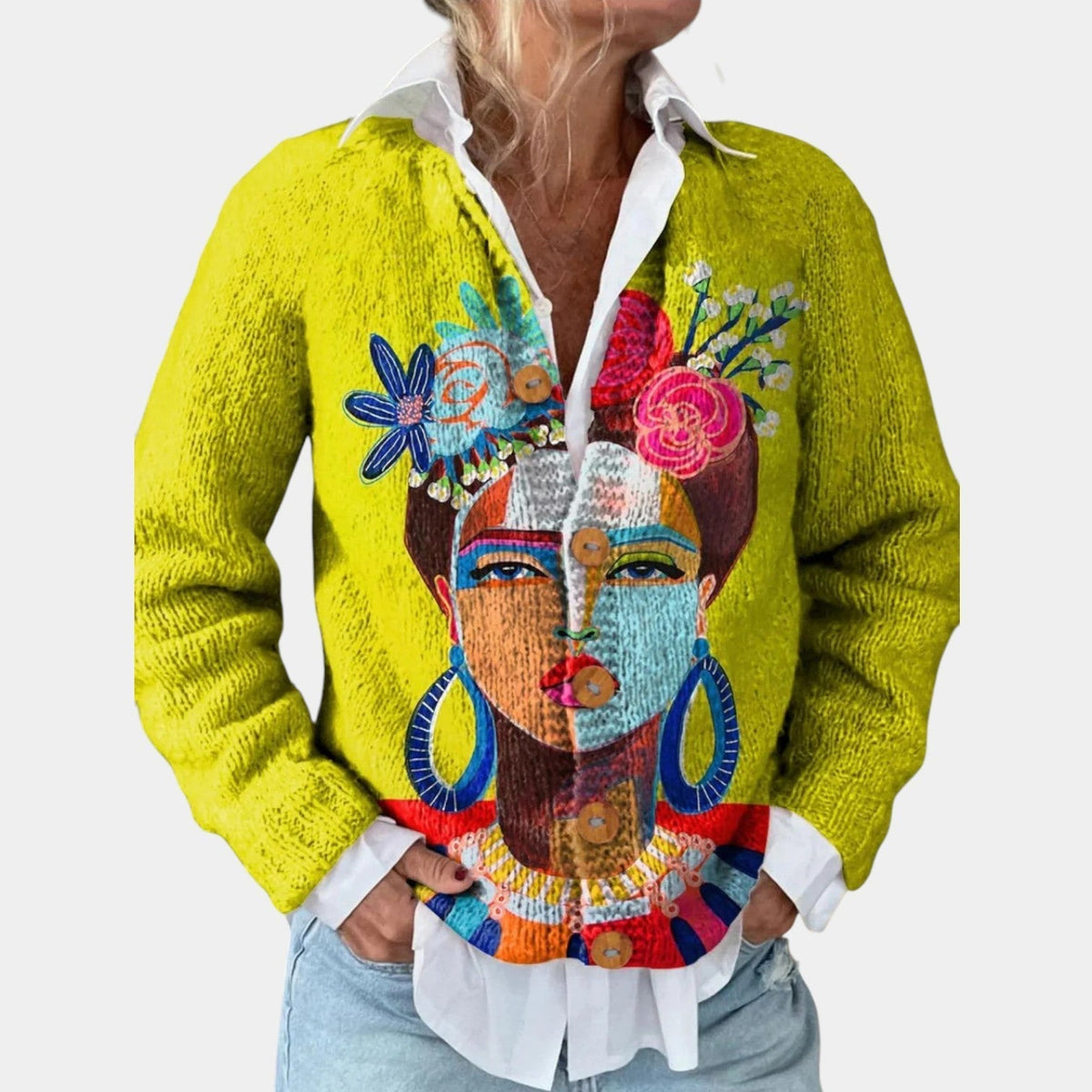 Freda - Cozy Art Print Knitted Cardigan