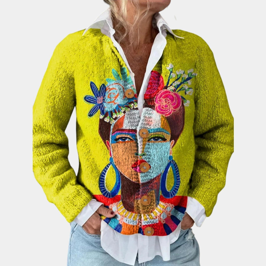 Freda - Cozy Art Print Knitted Cardigan