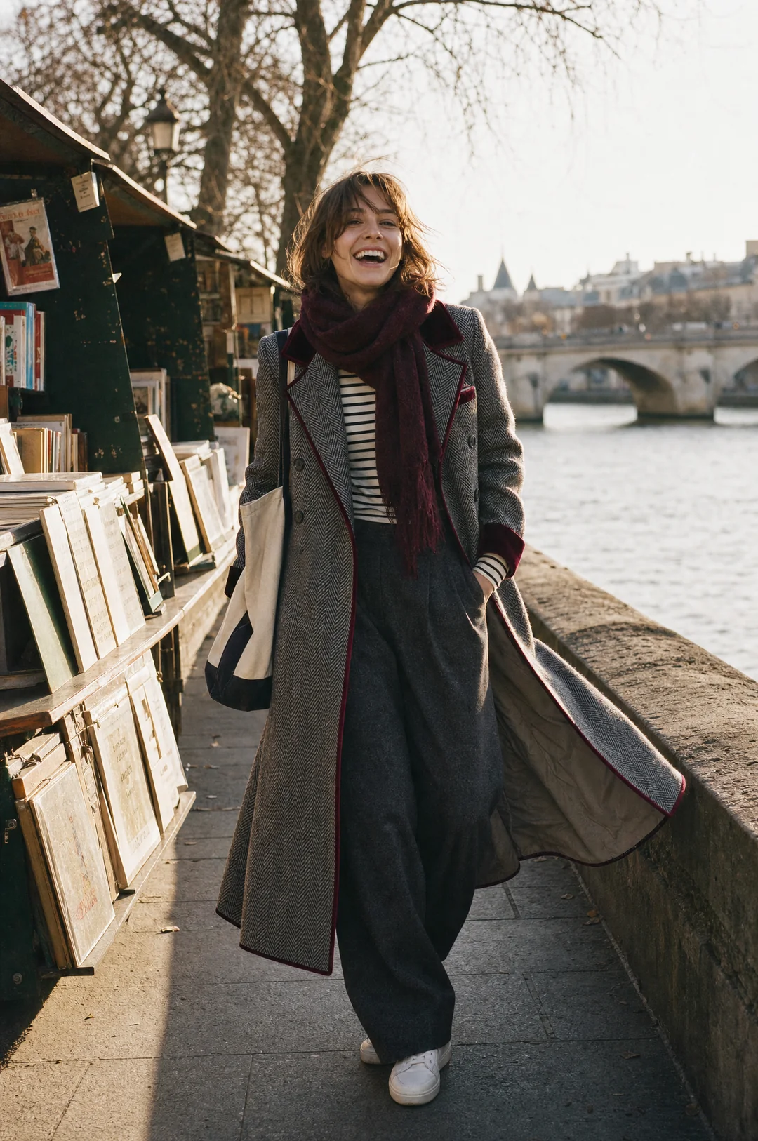 Dorothy - Herringbone Wool Long Coat with Velvet Trim