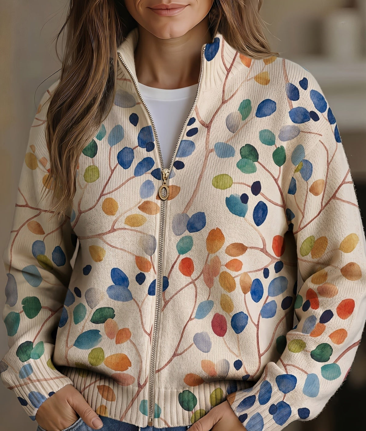 Imogene - Botanical Leaf Print Zip Cardigan