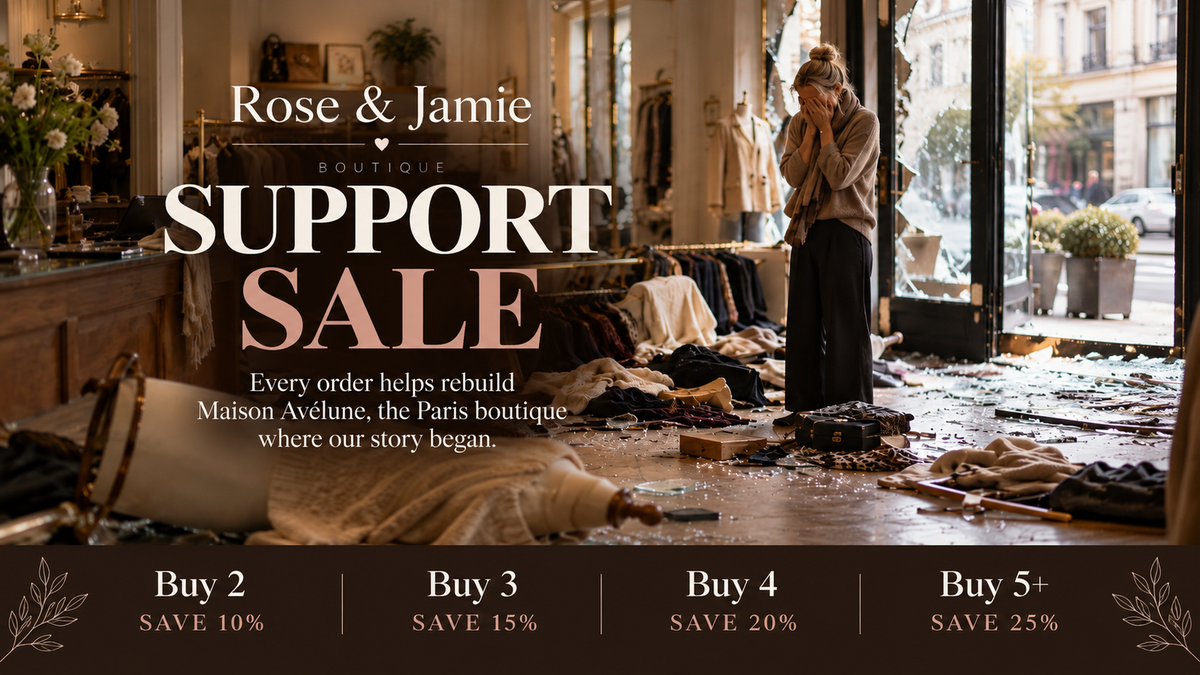 Rose and Jamie Support Sale for Maison Avélune, boutique interior and savings banner