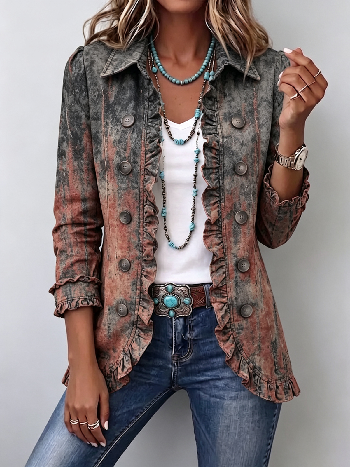 Kristen - Vintage Gradient Textured Print Ruffle Jacket
