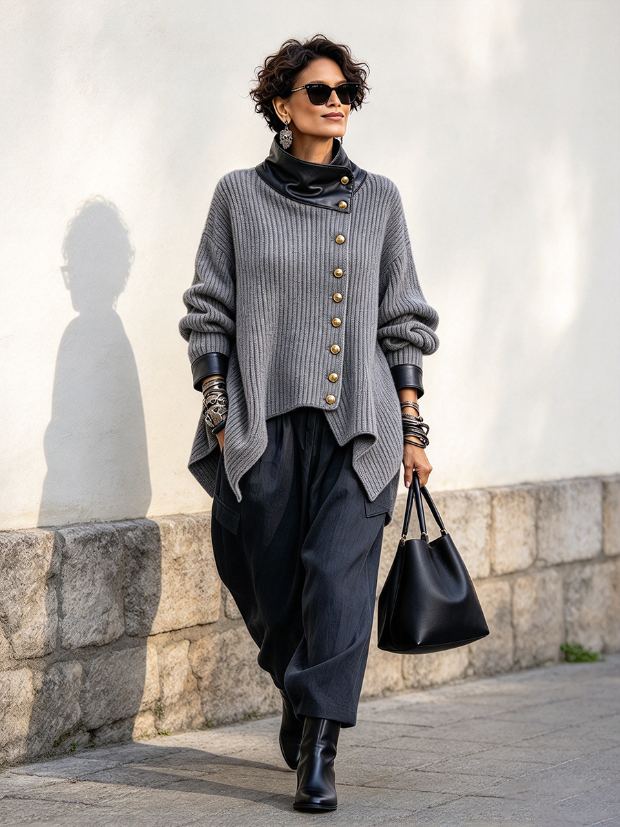Paulette - Faux Leather Trim Knit Cardigan Jacket