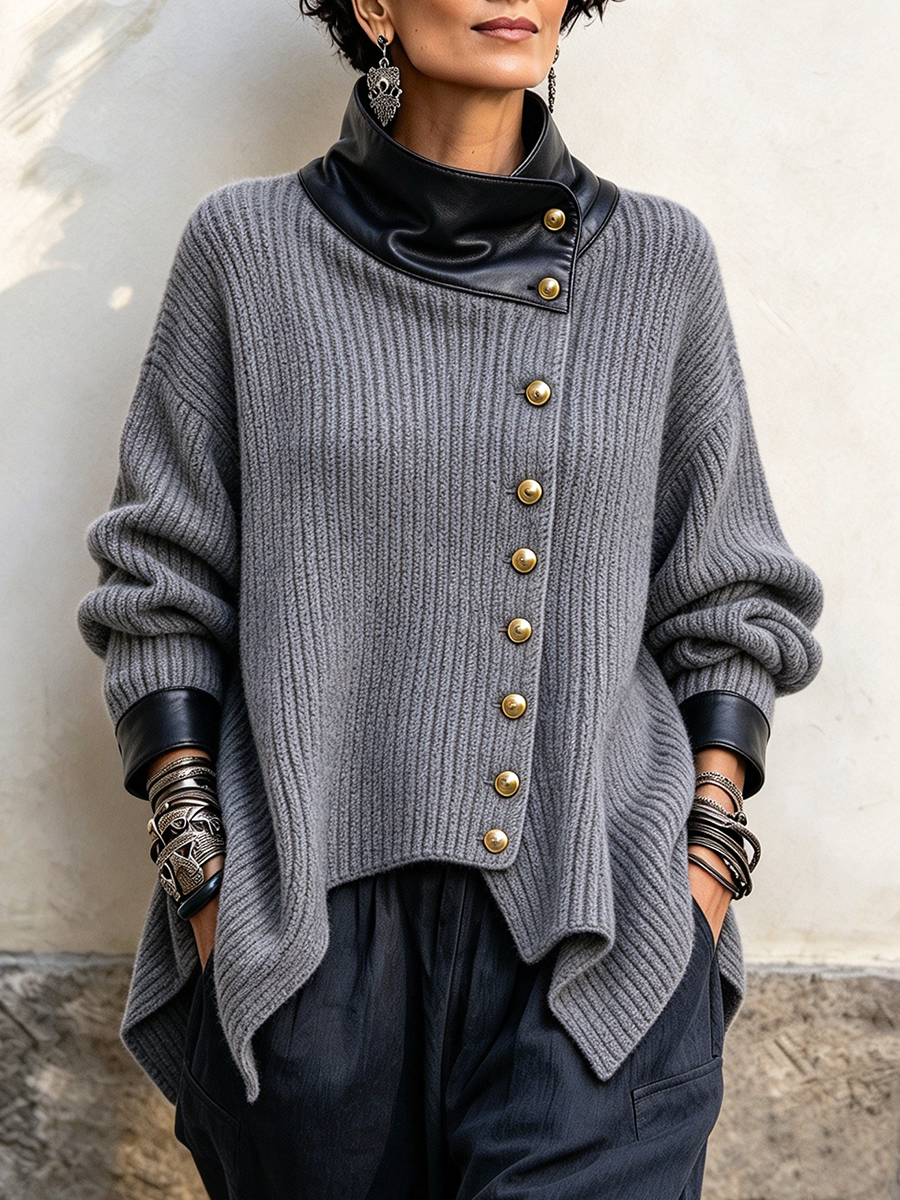 Paulette - Faux Leather Trim Knit Cardigan Jacket