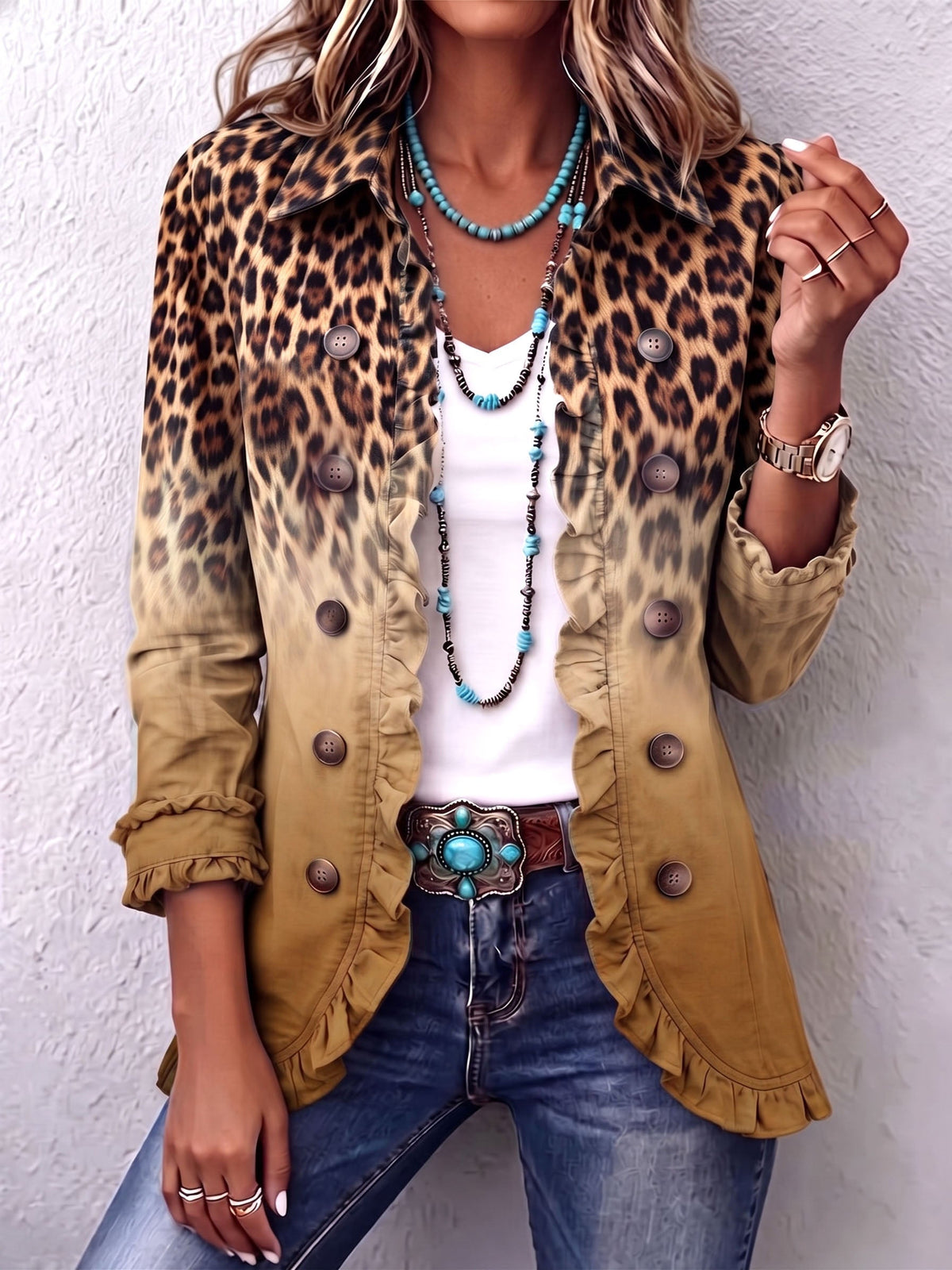 Marlowe - Leopard Ombre Ruffle Blazer Jacket