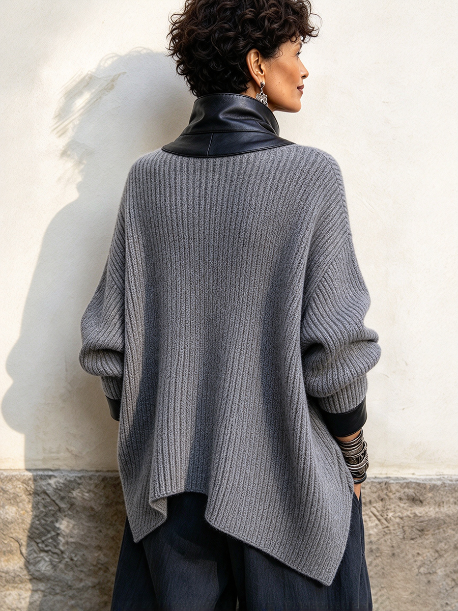 Paulette - Faux Leather Trim Knit Cardigan Jacket