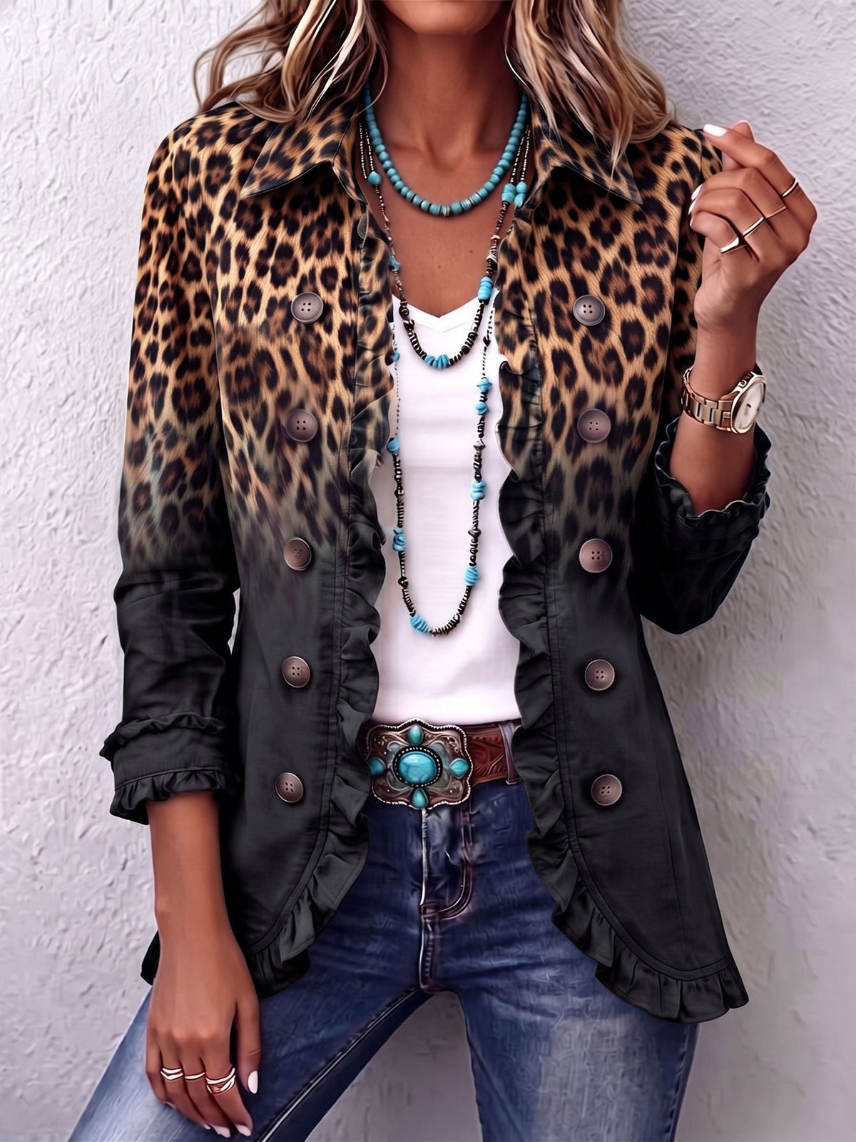 Sabina - Leopard Ombre Ruffle Blazer Jacket